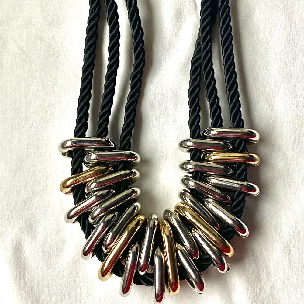 Statement Chunky Multi-Rope Strand Choker Necklace Silver and Gold Metal Rings